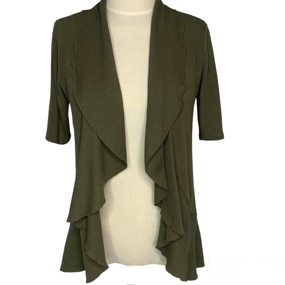 DECREE Short Sleeve Knit Olive Green Open Boho Raffle trim Cardigan Topper